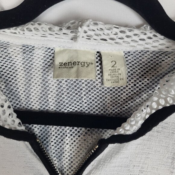 Zenergy by Chico's Size 2 Womens Large Zip Front Hooded Jacket Black White Mesh - Picture 4 of 10